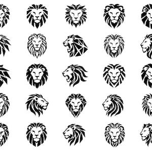 May include: A collection of twenty-five distinct black and white lion head icons arranged in a five-by-five grid. Each graphic features a unique stylized lion face, showcasing various expressions, angles, and geometric mane designs in high contrast.