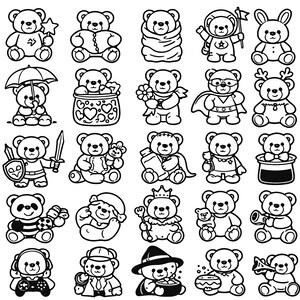 Paquete de iconos SVG de osito de peluche: 25 exclusivos archivos de corte con contorno negro, líneas en negrita y fondo blanco para Cricut y Silhouette (DXF, EPS, JPG y PNG).