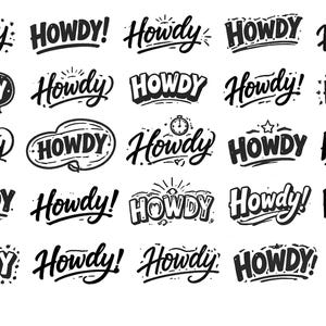 Pacchetto SVG "Howdy" - 25 design unici di scritte di saluto in stile western, tipografia nera audace, sfondo bianco, file di taglio per Cricut e Silhouette.