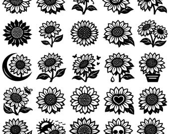 Sunflower SVG Icons Bundle – 25 Unique Floral Outline Designs, Bold Line Art, White Background, Cricut Silhouette Cut Files, Dxf, Jpg, Eps