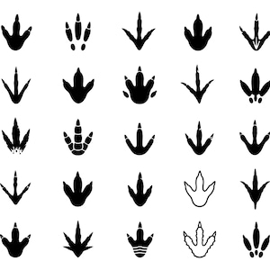 May include: A collection of twenty-five distinct black and white dinosaur footprint icons arranged in a five-by-five grid. Each icon features a unique three-toed or multi-toed track design, showcasing various shapes, textures, and claw patterns.