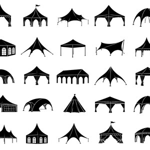 May include: A collection of twenty-five black silhouette icons depicting various styles of event tents, marquees, and canopies. The designs include peaked roofs, arched entrances, dome shapes, and rectangular structures, all presented in a grid format.