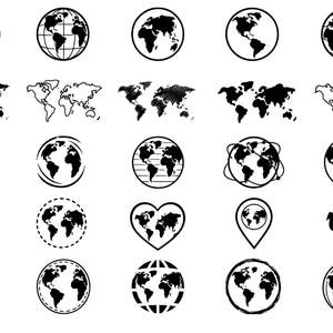 May include: A collection of black and white globe and world map icons. The icons include various styles of globes, world maps, and a globe in a heart shape. These graphics are suitable for travel or geography themes.
