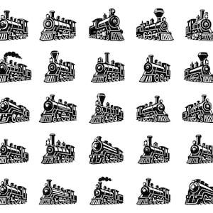 May include: A collection of twenty-one black and white illustrations of steam locomotives. Each train is depicted from a side view, showcasing details like the smokestack, wheels, and front cowcatcher. The designs vary slightly, offering a range of classic train styles.