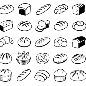 May include: A collection of twenty-five black and white line art icons depicting various types of bread and baked goods, including loaves, rolls, a croissant, a pretzel, a muffin, and a basket filled with assorted bread items.