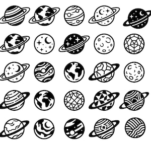 May include: A collection of twenty-five black and white circular icons featuring various celestial bodies, including planets with rings, textured spheres, and globes with continents, arranged in a five-by-five grid on a plain white background.