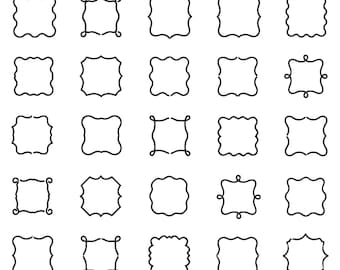 Paquete SVG de marco ondulado: 25 iconos únicos de borde con contorno negro, arte abstracto de líneas curvas, fondo blanco, Cricut Silhouette, Eps, Dxf, Png