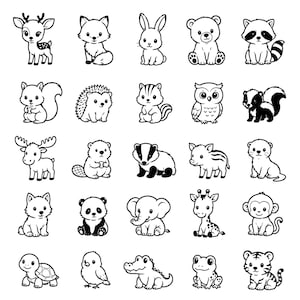May include: Twenty-five black and white cartoon animal illustrations, featuring a deer, fox, rabbit, bear, raccoon, squirrel, hedgehog, chipmunk, owl, skunk, moose, beaver, badger, pig, otter, wolf, panda, elephant, giraffe, monkey, turtle, bird, alligator, frog, and tiger.