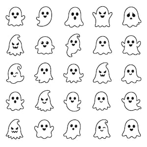May include: A pattern of twenty-five cartoon ghosts in various poses and expressions. Each ghost is white with a black outline and simple facial features, including eyes and mouths. The ghosts have different shapes and expressions.