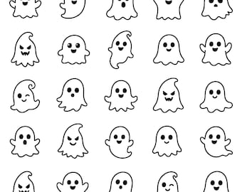 Paquete de SVG de fantasmas adorables: 25 iconos únicos de espíritus espeluznantes, arte lineal de contorno grueso, fondo blanco, imágenes prediseñadas kawaii de Halloween, Cricut Silhouette