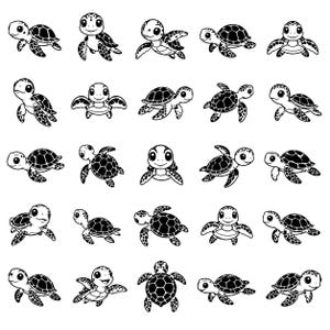 Peut inclure: Une collection de vingt-cinq illustrations en noir et blanc de bébés tortues marines dans diverses poses de nage et de repos. Chaque tortue présente un motif de carapace détaillé, de grands yeux et des nageoires, disposées en grille.