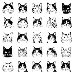 May include: A collection of twenty-five black and white illustrations of cat faces arranged in a five-by-five grid. Each individual graphic depicts a feline head with distinct facial markings, ear shapes, and fur textures in a high-contrast style.