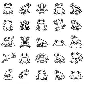 May include: A collection of twenty-five black and white line art illustrations featuring various frogs in different poses, including sitting, jumping, swimming, and resting on lily pads or rocks, presented in a grid format on a white background.
