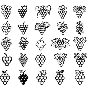 以下が含まれることがあります： さまざまなブドウの房を描いた25種類の白黒ラインアートアイコンのコレクション。各アイコンは、個々のブドウを表す円形の形状のユニークな配置を特徴としており、茎や葉が付いているものもあり、グリッド状に配置されています。