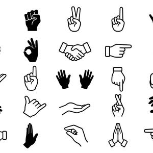 May include: A collection of twenty-five black and white icons depicting various hand gestures and signs, including a handshake, a fist bump, pointing fingers, open palms, a peace sign, a thumbs up, and prayer hands, arranged in a five-by-five grid.