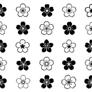 May include: A collection of twenty-five individual flower icons arranged in a five-by-five grid. Each icon features a five-petaled blossom design, alternating between solid black silhouettes and white outlines with black details and central stamens.