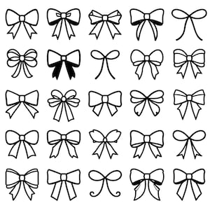 Peut inclure: Illustration de vingt-cinq nœuds papillon noirs et blancs. Les nœuds varient en style, des contours simples aux designs plus détaillés avec plusieurs boucles et queues. L'image est un motif de nœuds.