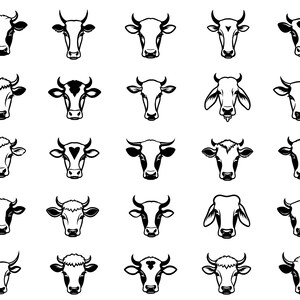 Op de afbeelding: Een verzameling zwart-wit illustraties van koeienkoppen. Elke koeienkop heeft een uniek ontwerp, met variaties in de vorm van de hoorns, gezichtsmarkeringen en algehele stijl. De afbeeldingen zijn gerangschikt in een rasterpatroon tegen een witte achtergrond.