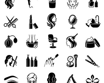 Beauty Salon SVG Icons Bundle – 25 Elegant Spa Styling Symbols, Pure Black Line Art, White Background, Cricut Silhouette Cut Files