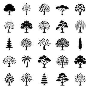 May include: A collection of black tree silhouettes on a white background. The trees vary in shape and style, including deciduous, coniferous, and palm trees. The image is a graphic design element.