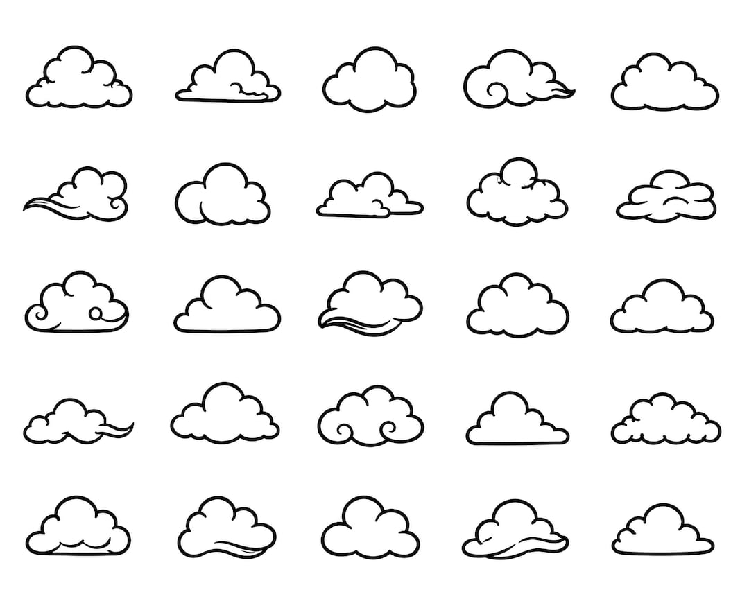 Hand Drawn Cloud SVG Bundle – 25 Unique Black Outline Sky Icons, Bold ...