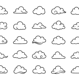 Può includere: Una collezione di ventuno illustrazioni di nuvole in bianco e nero. Le nuvole variano per forma e dimensione, alcune con dettagli a spirale. I contorni sono spessi e coerenti, creando uno stile grafico pulito.