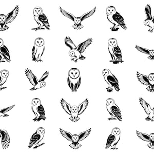 Puede incluir: Ilustraciones de búhos en blanco y negro en diversas poses. Algunos búhos están posados, otros en vuelo con las alas extendidas. Los diseños presentan patrones de plumas detallados y caras en forma de corazón, ideales para diseño gráfico o manualidades.
