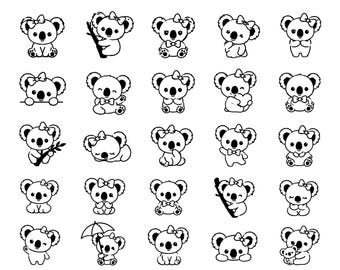 Cute Koala With Bow SVG Bundle – 25 Unique Black Outline Icons, Kawaii Line Art, White Background, Cricut Silhouette, Dxf, Eps, Png and Jpg