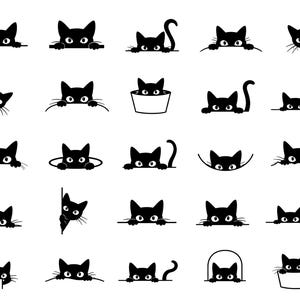Pode incluir: Uma coleção de vinte e cinco silhuetas de gatos pretos em várias poses, incluindo gatos espreitando por bordas, escondendo-se atrás de cantos, sentados em recipientes ou mostrando as caudas, como ícones gráficos simples de alto contraste.