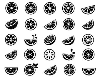 Paquete de iconos SVG de rodajas de limón: 25 gráficos distintivos de contornos de cítricos, arte lineal monocromático llamativo, fondo blanco, archivos de corte para Cricut y Silhouette.