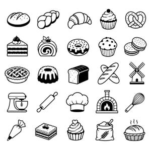 Könnte beinhalten: Eine Sammlung von fünfundzwanzig schwarz-weißen Symbolen, die verschiedene Backwaren und Werkzeuge darstellen, darunter Brotlaibe, Gebäck, ein Cupcake, eine Brezel, ein Kuchenstück, ein Donut, ein Muffin, Kekse, ein Kuchen, ein Gugelhupf, eine Windmühle, ein Mixer, ein Nudelholz, eine Kochmütze, ein Ofen, ein Schneebesen, ein Spritzbeutel, ein Schichtkuchen, ein Mehlsack und ein Brotkorb.