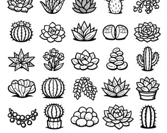 Paquete de íconos SVG de suculentas: 25 archivos únicos con contorno negro, líneas en negrita y fondo blanco, para Cricut y Silhouette.