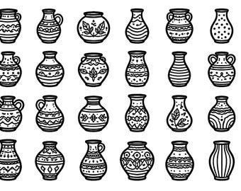 Paquete de iconos SVG de jarrones de cerámica: 24 ilustraciones únicas de vasijas de cerámica, diseño en negro, fondo blanco, diseño minimalista, compatible con Cricut y Silhouette.