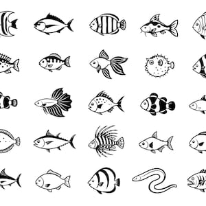 May include: A collection of twenty-five distinct black and white fish illustrations arranged in a five-by-five grid. The set features various aquatic species including angelfish, pufferfish, clownfish, tuna, and an eel, all rendered in a clean graphic style.
