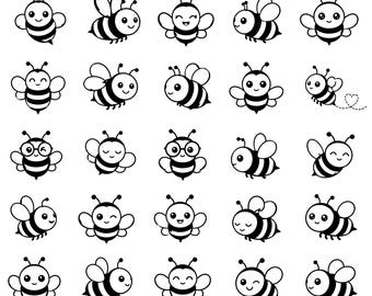 Cute Bee SVG Icons Bundle – 25 Unique Black Outline Honeybee Clipart, Bold Line Art, White Background, Kawaii Insect, Cricut Silhouette