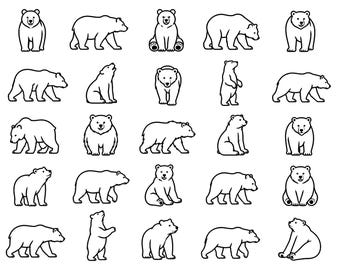 Paquete de iconos SVG de osos: 25 iconos únicos de fauna salvaje con contorno negro, diseño de líneas gruesas, fondo blanco, archivos de corte para Cricut y Silhouette, DXF, PNG y EPS.