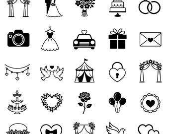 Wedding SVG PNG Icons Bundle – 25 Unique Black Outline Marriage Symbols, Bold Line Art, White Background, Cricut Silhouette, Minimal Bridal