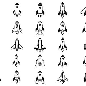 Paquete de archivos SVG de naves espaciales: 25 iconos únicos de transbordadores espaciales, arte lineal en negro, colección minimalista de naves espaciales de astronautas, Cricut Silhouette