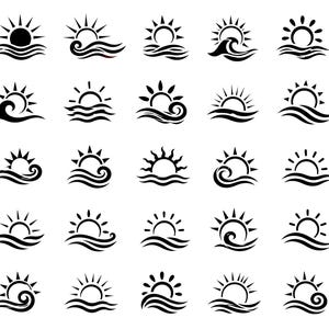 May include: A collection of twenty-five distinct black graphic icons arranged in a grid, each featuring a stylized sun rising or setting over ocean waves. The icons vary in the shape of the sun rays and the curvature of the water lines.