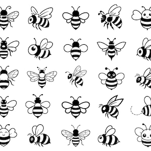 Puede incluir: Una colección de veinticinco iconos de abejas distintos en blanco y negro dispuestos en una cuadrícula de cinco por cinco. Cada gráfico representa una abeja estilizada con cuerpos rayados, alas y antenas, mostrando varias poses y vistas.
