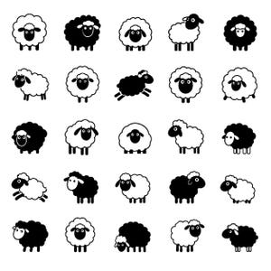 May include: A collection of black and white sheep illustrations. The sheep are depicted in various poses, including standing, jumping, and facing different directions. The sheep have fluffy wool and simple facial features.