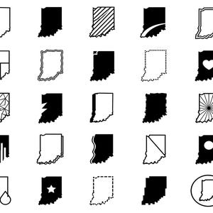 Può includere: Una collezione di venticinque icone in bianco e nero che raffigurano lo stato dell'Indiana in vari stili, tra cui sagome piene, contorni, motivi geometrici, linee tratteggiate, un cuore, una stella e un design a raggiera.