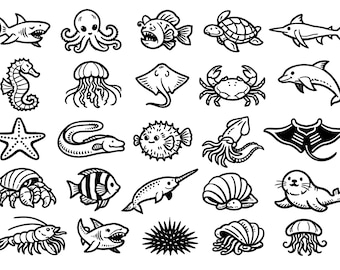 May include: A collection of twenty-four black and white line art illustrations featuring various marine animals including a shark, octopus, sea turtle, crab, dolphin, starfish, pufferfish, squid, stingray, seahorse, jellyfish, and seal.