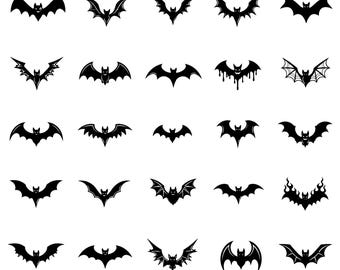 Halloween Bats SVG Bundle – 25 Unique Black Silhouette Flying Icons, Bold Line Art, White Background, Cricut Silhouette, Png, Eps, Dxf, Jpg