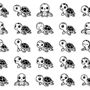 以下が含まれることがあります： 25種類の小さなウミガメを描いた白黒の線画イラスト集。それぞれのカメは異なるポーズで描かれており、様々な表情や動き、詳細な甲羅の模様、そして大きく表情豊かな目が特徴です。