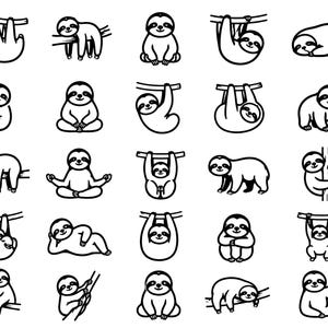 Puede incluir: Una colección de veinticinco ilustraciones de arte lineal en blanco y negro que muestran perezosos en varias posturas. Los perezosos aparecen colgados de ramas, sentados, tumbados y trepando, con contornos simples y detalles mínimos.