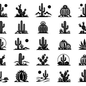 May include: A collection of twenty-five black and white vector icons featuring various cactus species, including saguaro, prickly pear, and barrel cacti. The designs incorporate desert landscapes, suns, and mountains in a simple graphic style.