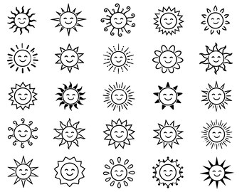 Smiling Sun SVG Bundle – 25 Cheerful Solar Face Clipart, Pure Black Line Art, Clean White Background, Cricut and Silhouette Cut Files