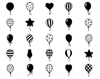 Hand-Drawn Balloon SVG Bundle– 25 Unique Cute Black Outline Bear Icons, White Background, Bold Vector Designs, Cricut Silhouette Cut Files