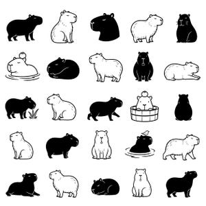 May include: A collection of black and white capybara illustrations in various poses. Some capybaras are standing, sitting, or swimming. Others are sleeping or in a wooden tub. The illustrations are simple and cartoon-like, with clean lines and a minimalist style.